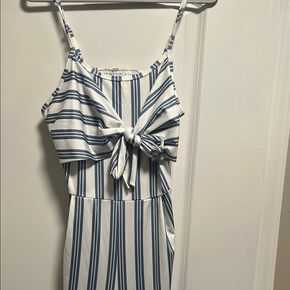 Striped Blue and White Tie-Front Jumpsuit